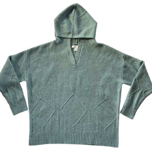 Christopher & Banks Cozycore Cable Knit Hooded Seafoam Knit Popover Sweater-L - Picture 1 of 13